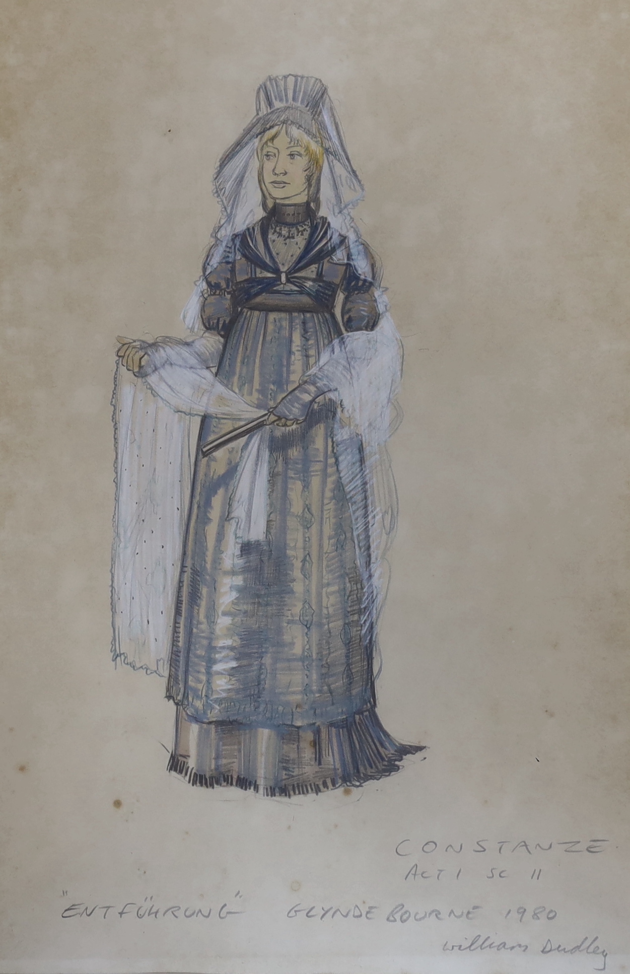 Three mixed media Glyndebourne theatrical costume designs, including Constanze by William Dudley, each with inscriptions, 49cm x 30cm